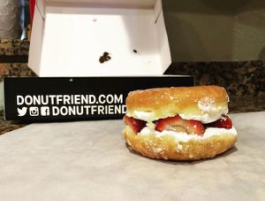 StrawberryLab. Who does love whipped cream and fresh strawberries sandwiched in a sugar glazed donut?!  at Donut Friend - Highland Park in Los Angeles