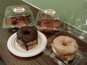 Walnut Voodoo, apple fritters and a chocolate cream donut at Donut Friend - Highland Park in Los Angeles
