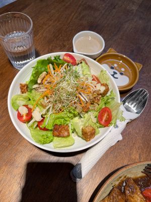 Mixed Greens + Nuts + Tempeh + Quinoa (omit egg and replace with mushrooms) RM23
Note: the Homemade Passion Fruit Dressing contains honey so they gave us a sesame dressing instead at S.pace Cafe - 空間 in Kuala Lumpur