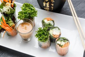 Vegan Fresh Rolls - Fresh tapioca rolls stuffed with cucumber, carrot, lettuce, spring greens, avocado, tofu, fresh basil, bean sprouts and mint leaf, with a spicy sambal satay dipping sauce. at Sukho Thai - Marigny in New Orleans