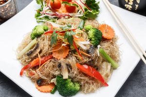 Vegan Glass Noodles - Crystal noodles stir-fried with celery, broccoli, onion, Napa cabbage,  button mushroom, bell, scallion, carrot & cilantro.   at Sukho Thai - Marigny in New Orleans