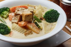 Vegan Yellow Curry - Aromatic Madras curry of tumeric, cumin, chilies & herbs, stocked with potato, carrot, onion, and broccoli. Served with rice. at Sukho Thai - Marigny in New Orleans