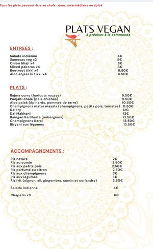 The vegan menu at Spice Lounge in Saint-etienne