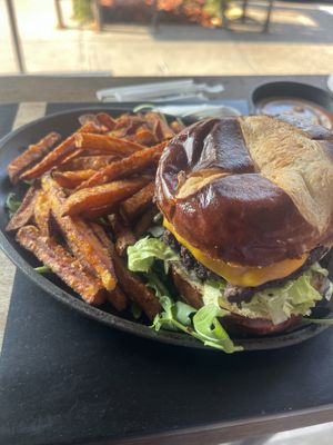 Bean burger, and sweet potato fries  at Spread Love & Eat in Brooklyn