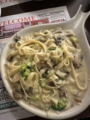 Vegan Alfredo. No charge to add broccoli, small up charge to add sautéed mushrooms.   at Old Hamlin Restaurant in Ludington