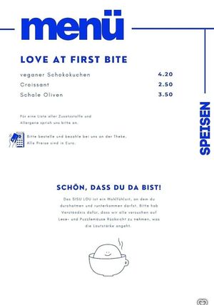 Die Karte auf der man den veganen Kuchen und die Oliven findet. at Sisu Lou in Braunschweig