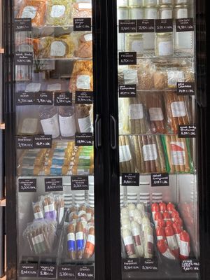 Fridge with different types of “meat”. There is much more in the front counter.   at Die Vegane Fleischerei in Berlin