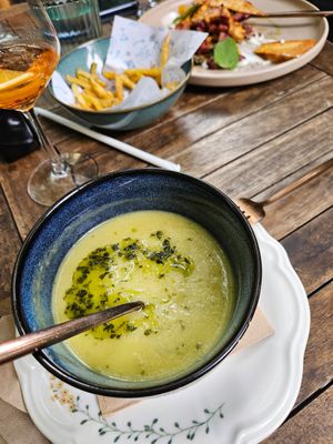 Delicious zucchini and basil soup at Crazy Diamond in Sofia