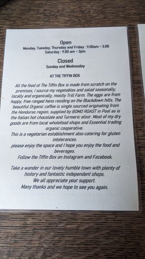 Menu at The Tiffin Box in Axminster