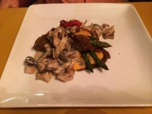 Buckwheat crepes with sweet potato stuffing and mushrooms at Bhava in New Orleans