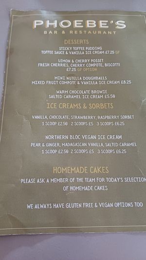 Dessert menu at Phoebe's in Skipton