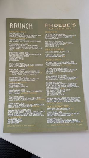 Menu at Phoebe's in Skipton
