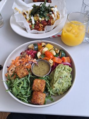 Buddha bowl and vegan fries at Phoebe's in Skipton