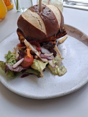 Tofu pretzel burger at Phoebe's in Skipton