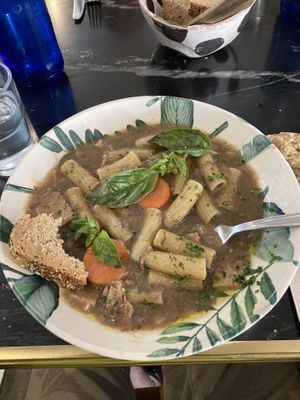 Vegan pasta alla Genovese with seitan   at Pan y Circo in Sevilla