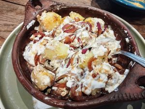 Potatoes with soy based alioli, garlic, and onions (starter) at Pan y Circo in Sevilla