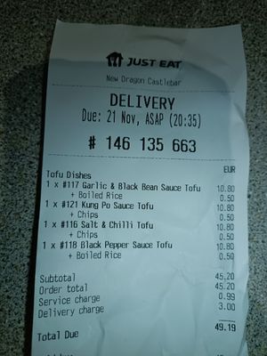 Receipt at New Dragon in Castlebar