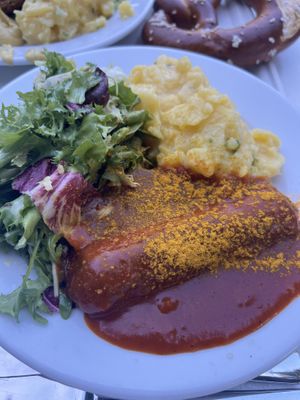 Vegan Currywurst and potato saladd  at Café am Neuen See in Berlin