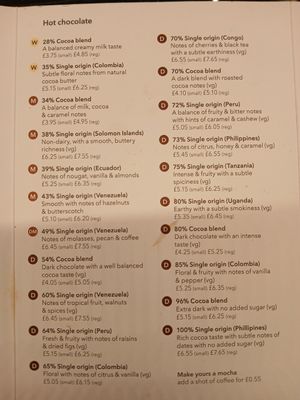 Hot chocolate menu at Knoops in Bath