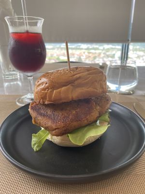 Veggie burger with lettuce, tomato, sauce, hibiscus/roselle tea  at Plearn in Phuket