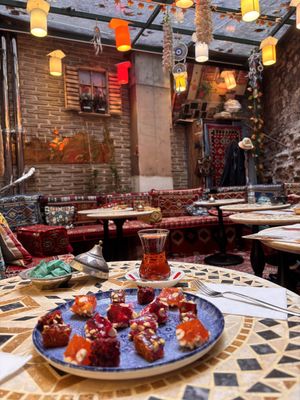 Turkish delights and turkish tea  at Sadrazam Turkish Delight & Cafè in Istanbul