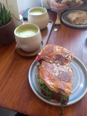 Coconut matcha latte and vegan pastrami foccacia toastie at Noch Coffee Co in Dundee