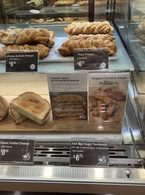 2 vegan food options (bottom right). The Vegan JUST Egg Bagel Sandwich and Vegan Chick'N Fries. at Barnes & Noble Cafe in Bloomington