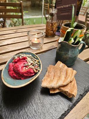Hummus plate from café at Sanya Eco Spa & Yoga Hub in Naxxar