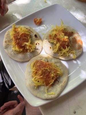 Delicious vegan papusas with salsa and pickled cabbage   at Pupusas y Más Carolina in El Zonte