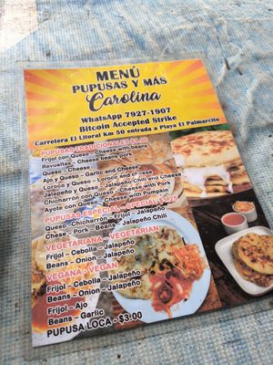Vegan and vegetarian options clearly marked. at Pupusas y Más Carolina in El Zonte