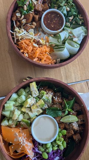 Summer Roll Bowl and Poke Bowl with Tempeh  (bottom dish) at Luana Bowls in 