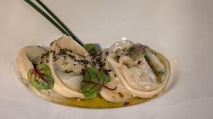 Vegan cheese & spinach tortellini with lemon butter at Rhubarb Restaurant in Skipton