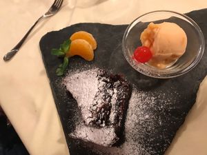 Vegan brownie with melon sorbet at Hotel & Restaurant Waldhaus in Bettmeralp