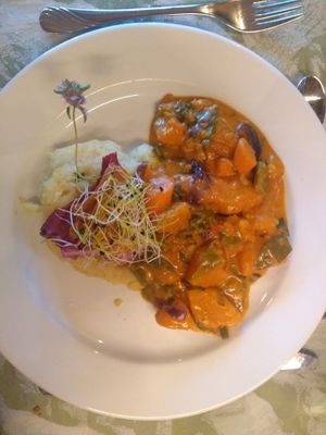 Squash curry with parsnip and potato mash. at Hotel & Restaurant Waldhaus in Bettmeralp