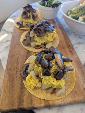 Breakfast tacos with added mushroomz at Green Table Cafe - Fairfax in Los Angeles