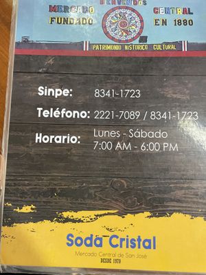 Hours and phone number  at Soda San Cristobal in San Jose