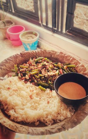 Beans stir fry with peanuts and rice at Prakriti Cafe by Ecolivinghomes in Pushkar