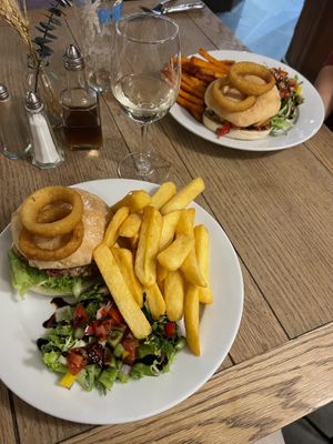 Vegan quinoa and beetroot burger and veggie halloumi and red pepper burger.  at The York Inn in Taunton