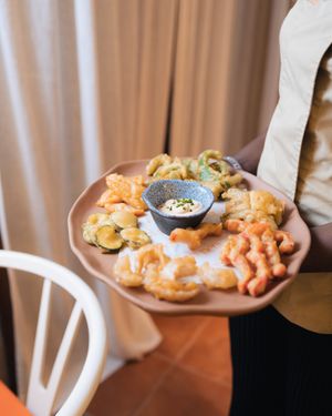 Vegetables in tempura with paprika "allioli" (garlic sauce) at El Petit in Tossa De Mar