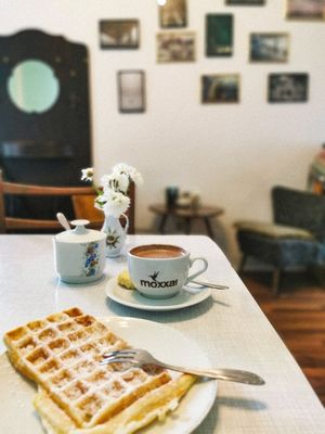 Fresh waffle and cocoa at Cafe Hibiskus in Cologne