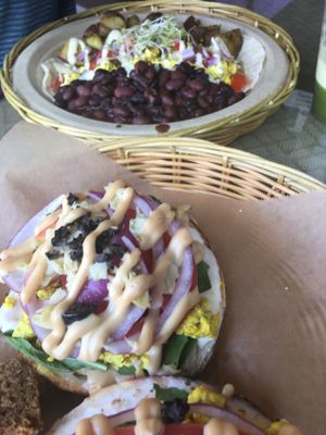 The Athena Bagel & Tofu Rancheros at Evolution Bakery and Cafe in Kailua Kona
