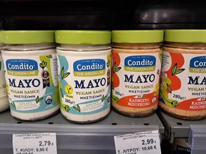Greek brand vegan mayo at Market IN in Kalampaka