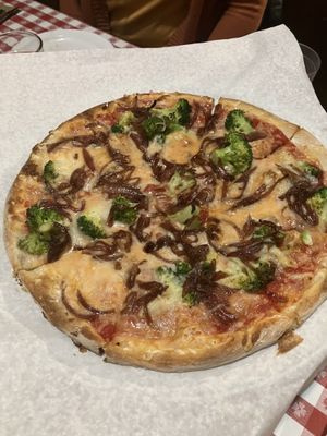 Vegan cheese, balsamic onion, and broccoli   at Pizza Works in Old Saybrook