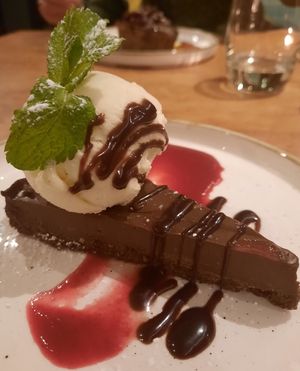 Chocolate tart with raspberry sauce at Botany Bay Hotel in Broadstairs