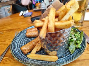 Ad hoc vegan sausage & chips at Botany Bay Hotel in Broadstairs