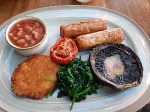 Lovely vegan breakfast. They also do a vegan bap, standard menu choice. at Botany Bay Hotel in Broadstairs