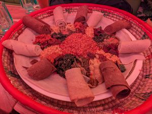 Very large injera platter, for 3-4 people at Merkamo Vegan in East London