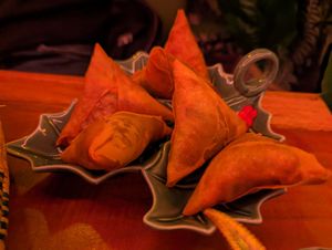 Delicious samosas, with crunchy lentils inside at Merkamo Vegan in East London