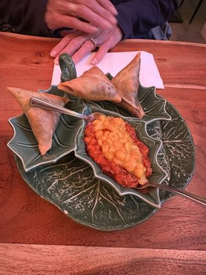 Samosas   at Merkamo Vegan in East London