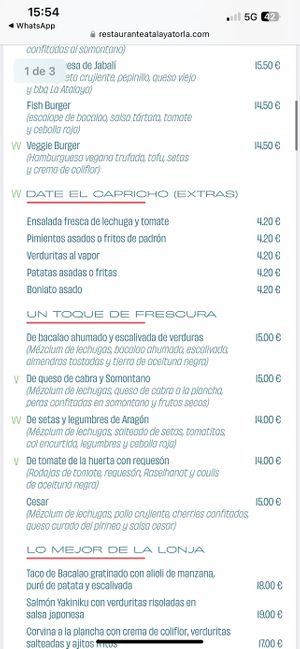 Menú  at Restaurante Atalaya in Torla-ordesa